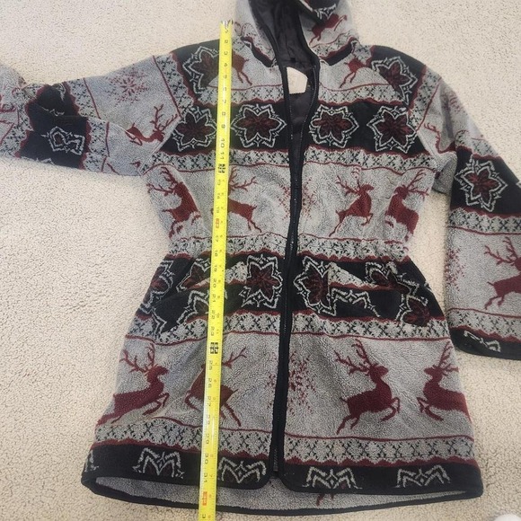 Vintage  Wool Woolrich Fleece Jacket - Hooded Long Coat - XMAS Deer Women M/L - Picture 6 of 7